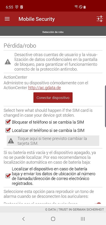 Captura de pantalla G DATA Mobile Security – Detección de robo