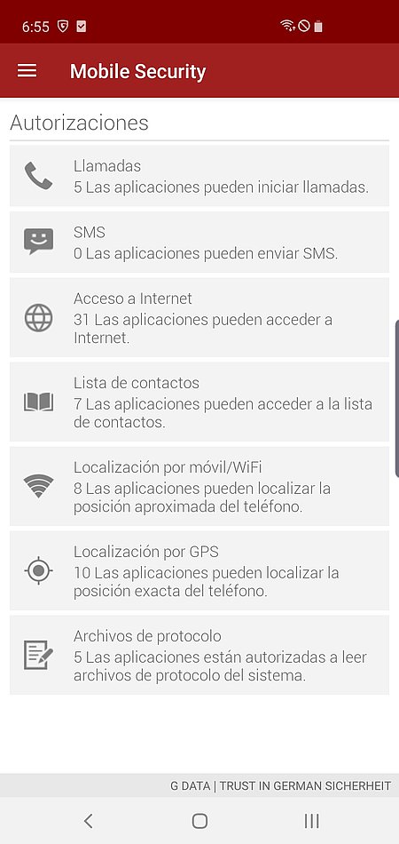 Captura de pantalla G DATA Mobile Security – Autorizaciones