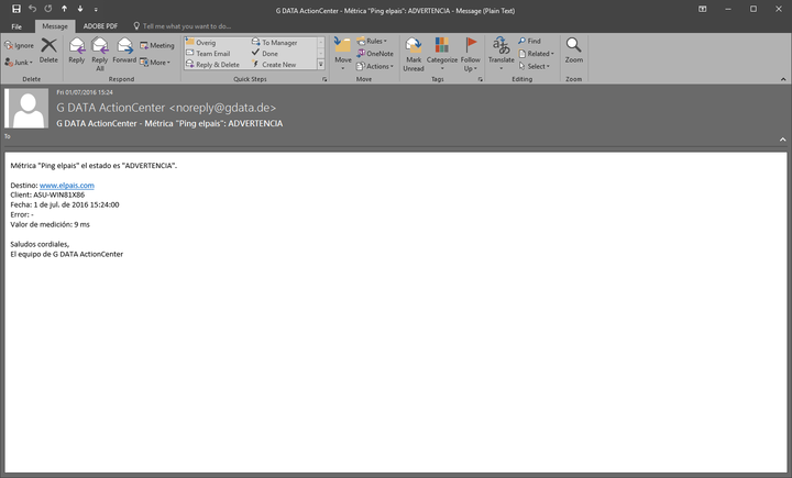 Captura de pantalla de G DATA Action Center – Alertas por correo electrónico